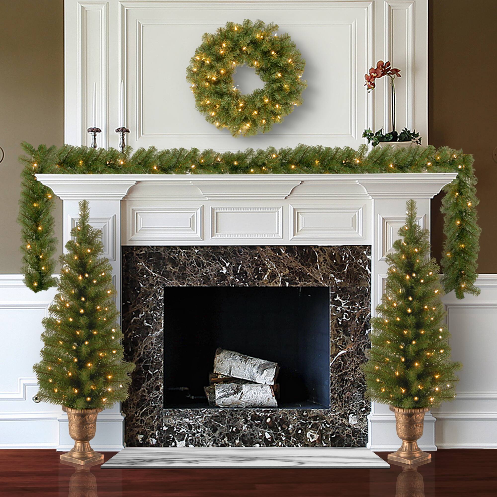 4-Piece Pre-Lit Artificial Christmas Entrance Trees, Garland & Wreath